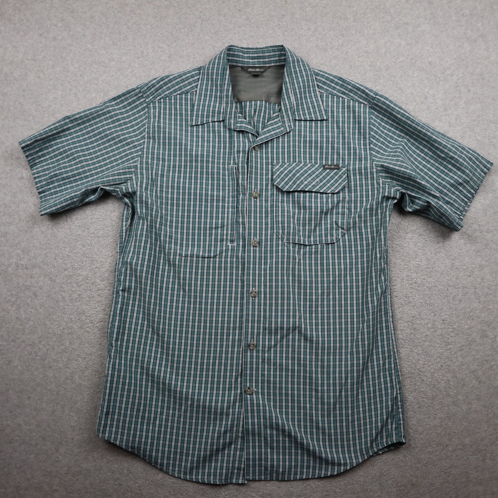 Eddie Bauer Shirt Mens M Short Sleeve Plaid Teal Blue Button Down Outdoor Shirt